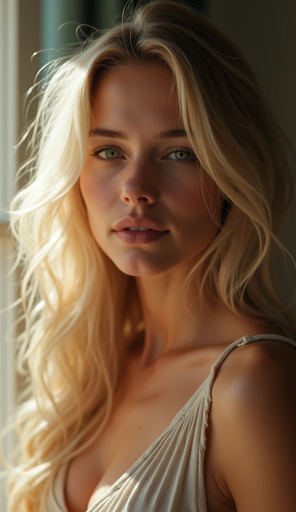 a sensual blonde woman, natural daylight, semi-nude, beautiful sensual body, detailed facial features, very detailed, high quality, cinematic lighting, photorealistic, masterpiece, 8k, hyperrealistic, studio quality