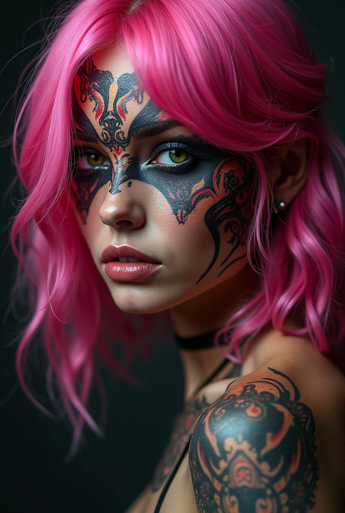 Woman with pink hair and hell tattoo on her face
