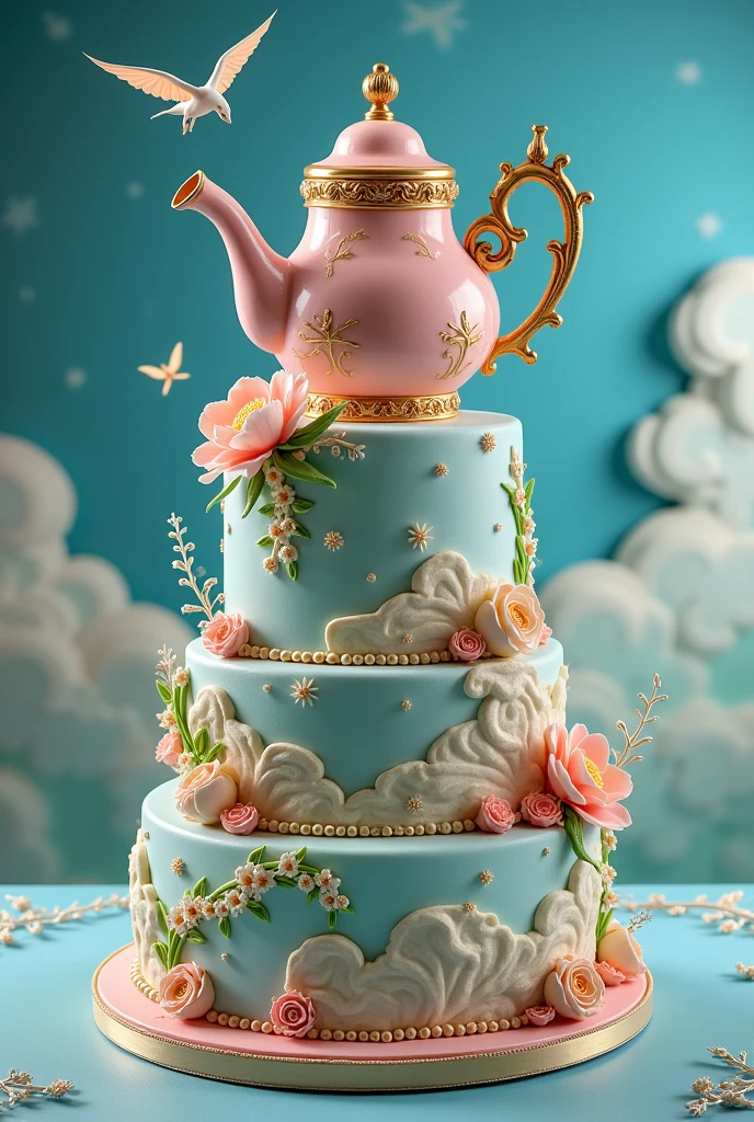 Three-tiered cake based on the movie The Teapot Dragon, upper floor the teapot, in the middle of the sky and the layer below the dragon
