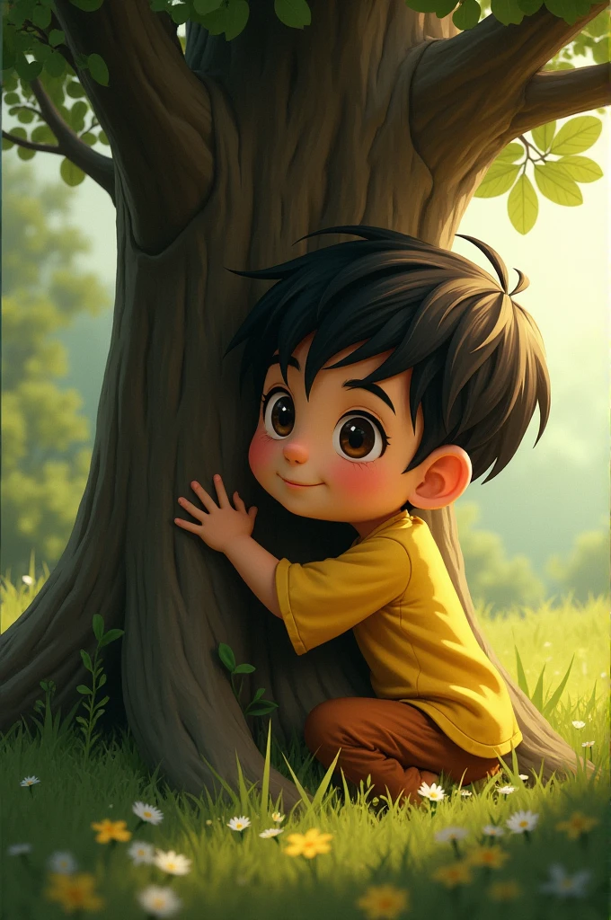 Make a picture of a boy with an oval head. It was a dark brown mixed with yellow and was hugging a nearby tree.