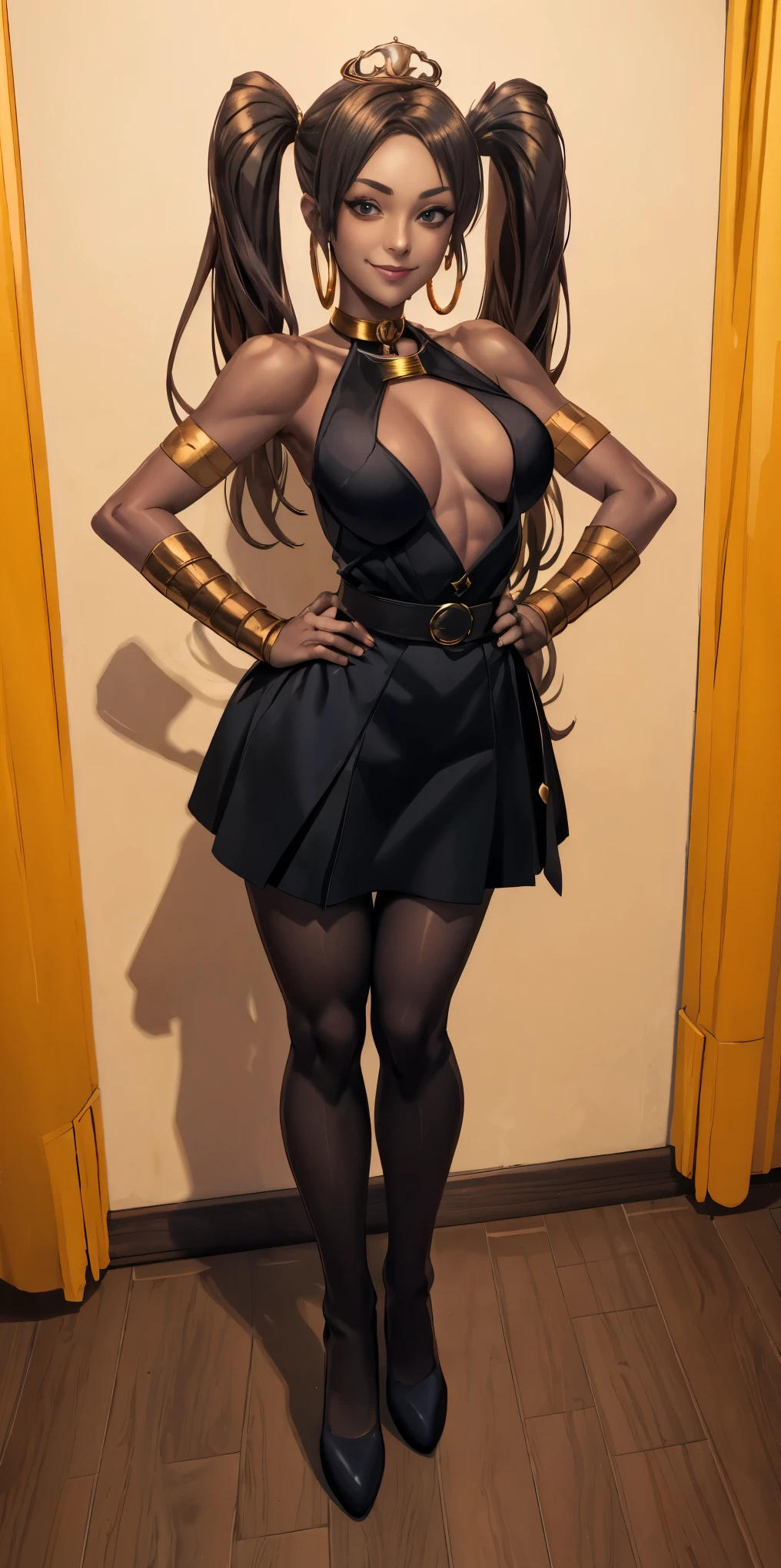 full body standing straight symmetrical, huge cowboy shot, solo 1MILF, lustful smirking smile face, looking at viewer, hands on hips, twintails, twin drills, dress, striped pantyhose, metal handcuffs on their hands with a black maetal slave collar around her neck, cowbell attached to the choker, sleeveless, black stockings, golden tiara