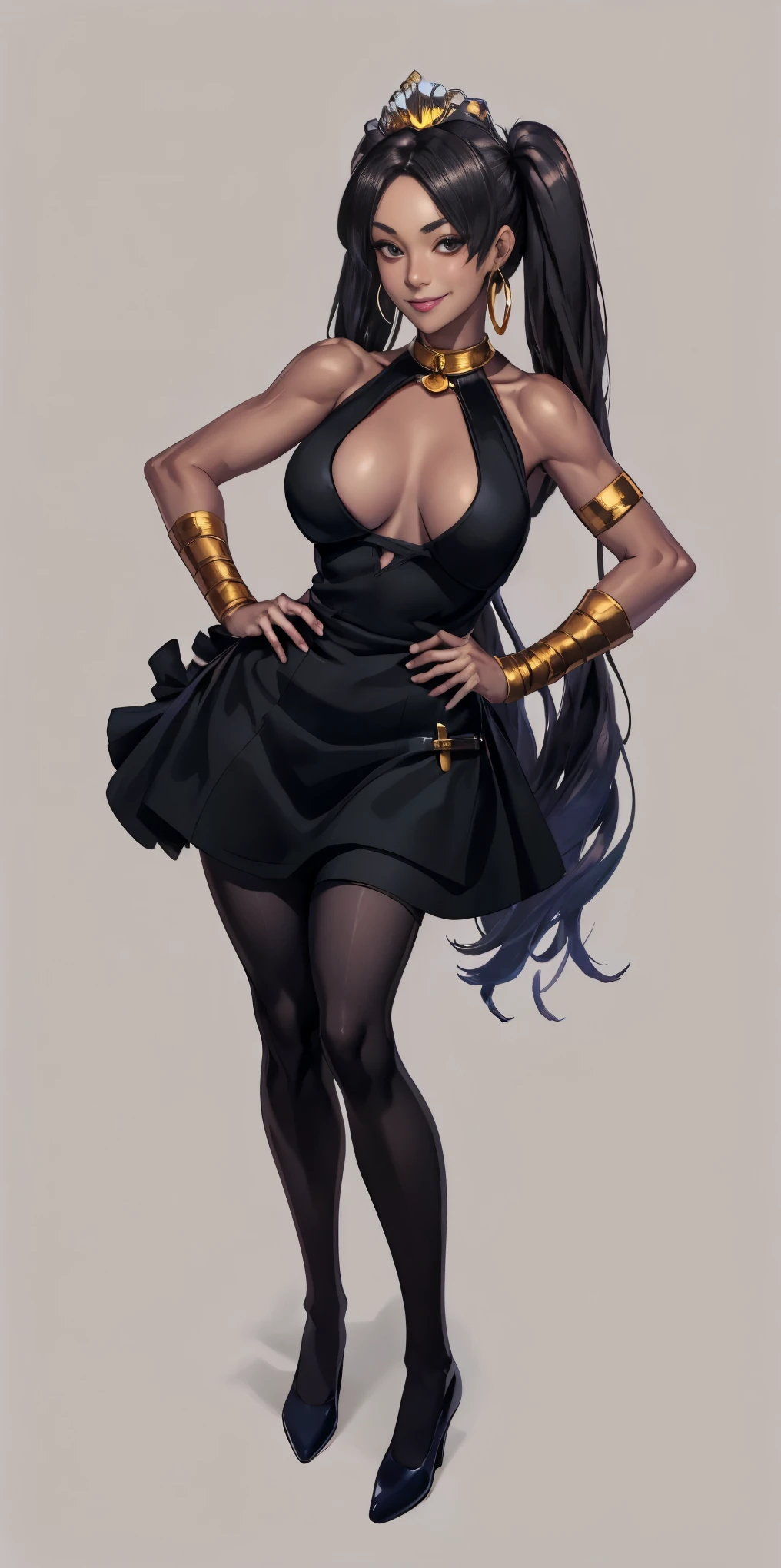 full body standing straight symmetrical, huge cowboy shot, solo 1MILF, lustful smirking smile face, looking at viewer, hands on hips, twintails, twin drills, dress, striped pantyhose, metal handcuffs on their hands with a black maetal slave collar around her neck, cowbell attached to the choker, sleeveless, black stockings, golden tiara