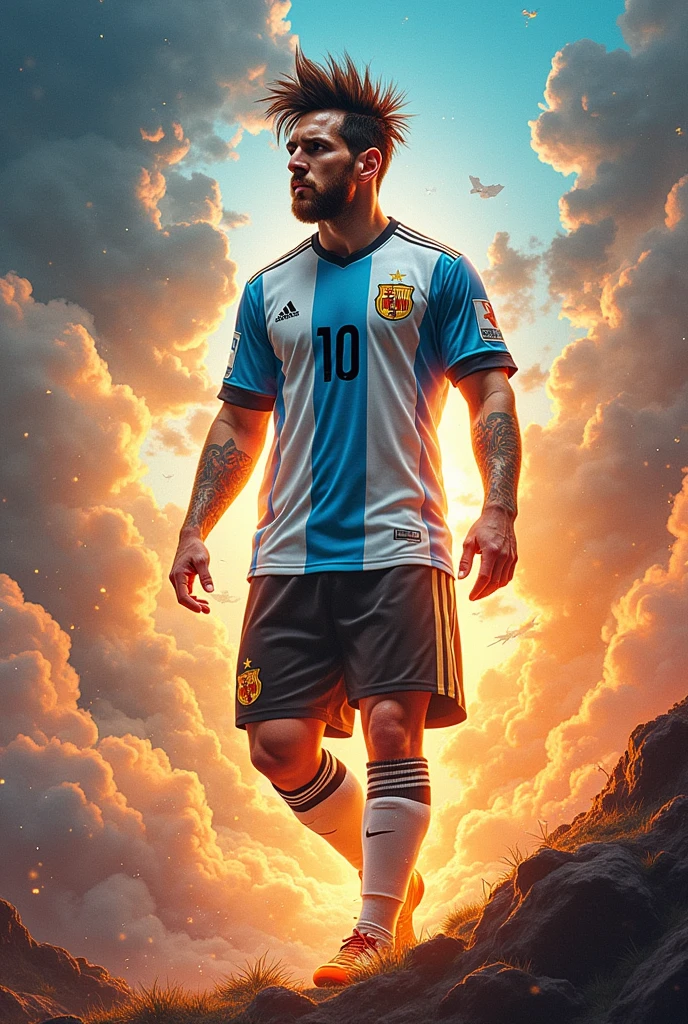 Generates an image of a painting of Messi with the number 10 of Argentina and that this is also Dragon Ball Z (Goku)