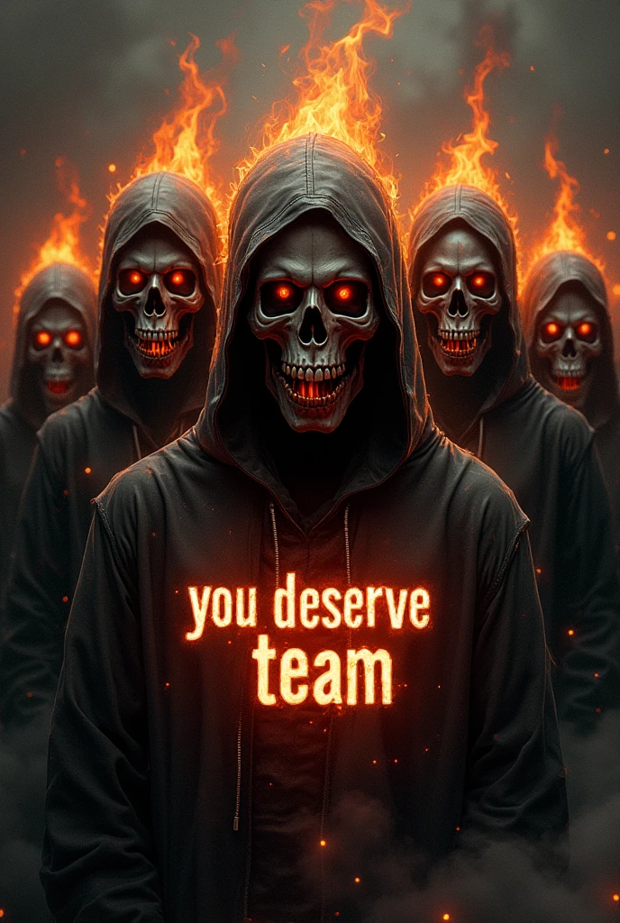 HOODED SKULLS ON FIRE with the phrase: YOU DESERVE TEAM

