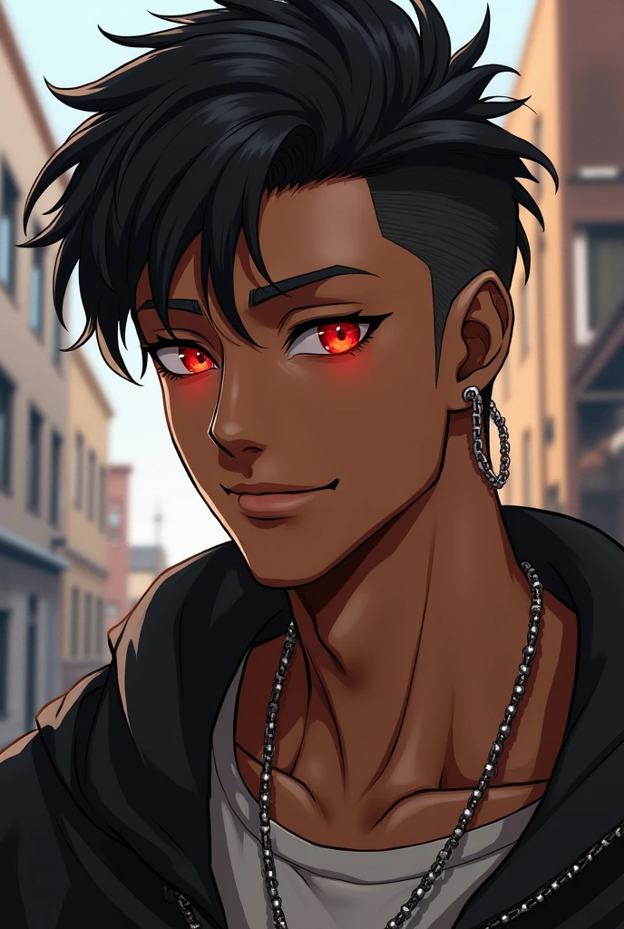 Generate a man, brunette skin, Eyes red, short black hair, chain earring on the right ear, athletic tax, casual clothes, maybe a sweatshirt or coat, smirk on face