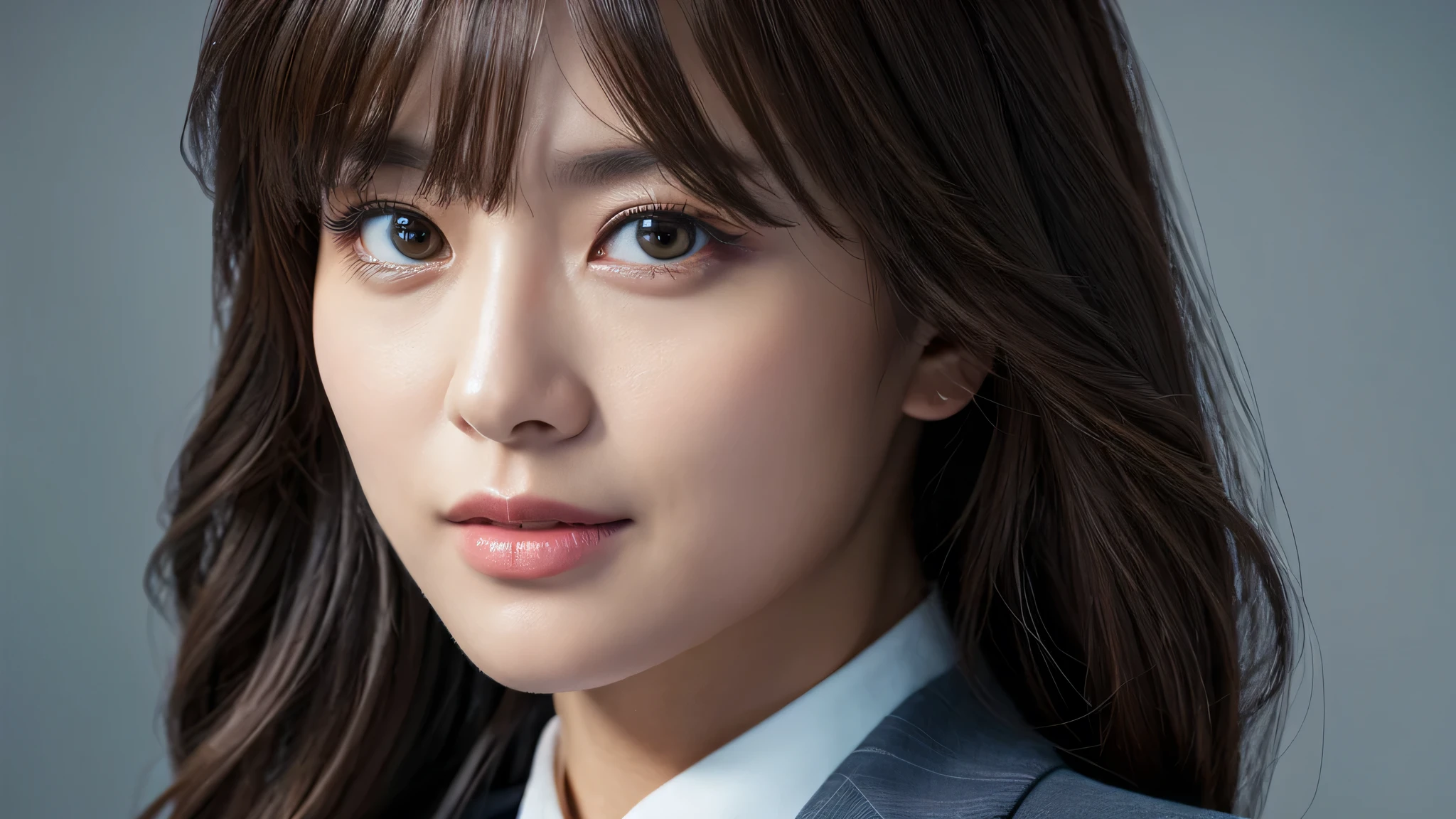 (Detailed face),vivid,business suit,4K,Ultra-high resolution,（Photorealistic：1.7）,Gray background,Long Hair,