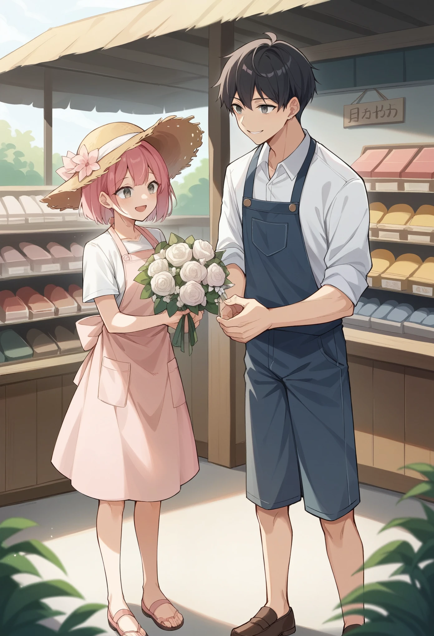 Scene of Happiness,Anime Style、18、Pink Hair、Grey Eyes、Smile、short hair、Sit with your knees bent、Holding a bouquet、apron、Linen clothes、Two small twins with black hair, a boy and a girl, wearing straw hats、A pink-haired 18-year-old is handing a bouquet of flowers to a small man and woman、Inside the flower shop、lighting