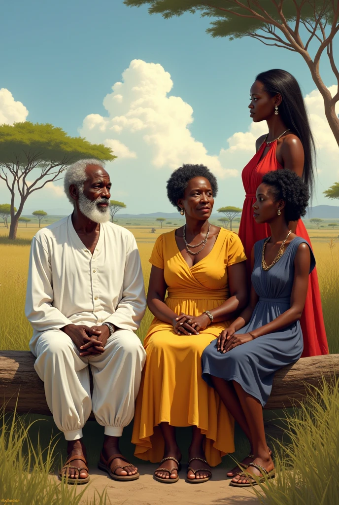 An old black man sitting dressed in white, a very old black woman sitting dressed in dark yellow, a black woman dressed in red and a young black woman dressed in blue in a savannah 