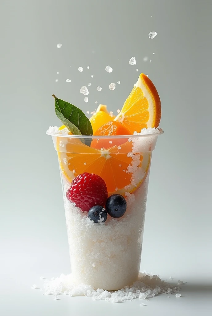 Plastic cup broken in half, salt n fruits of the