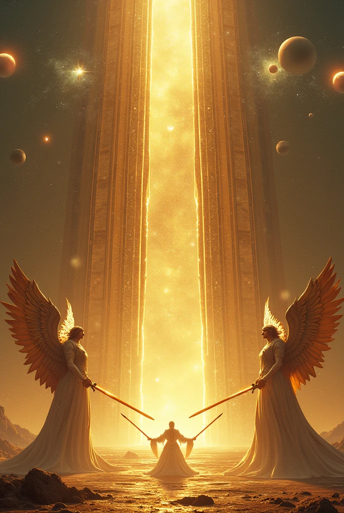 Great golden wall with high gates in the shape of a shining pearl, Golden City behind the Great Wall with lots of light, around the space with planets and angels of light flying, on the pearl-shaped door 2 large angels with sword on each side of the pearl-shaped door