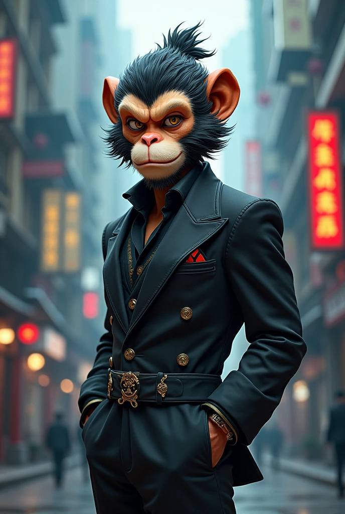 Sun Wukong suit style，Arrogant expression，Unruly，Handsome，Model figure，personification，Three View，Full body design，High contrast，Trendy urban background，Cool colors，Wide-angle lens，Top Light，Dynamic poses，confidence，charm。