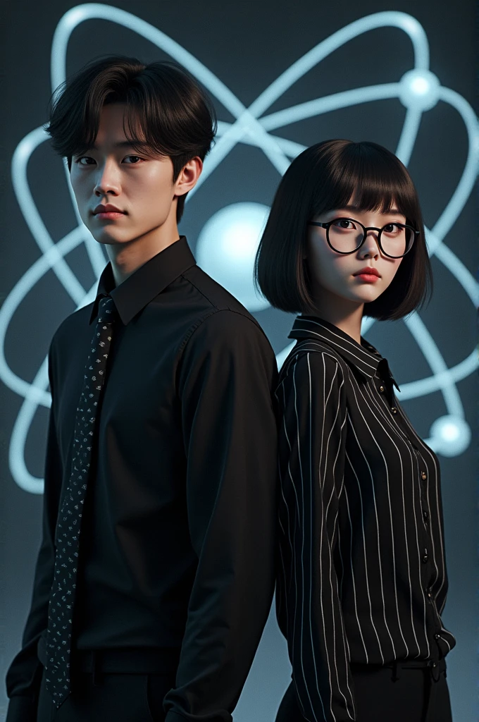 Un garçon avec une chemise noire et une cravate noire avec des petits points blancs cheveux longs et noire et une fille coupe de cheveux au carré plongeant avec des yeux verts et des lunettes, avec une chemise noire à rayures blanches. Puis derrière en fond un atome