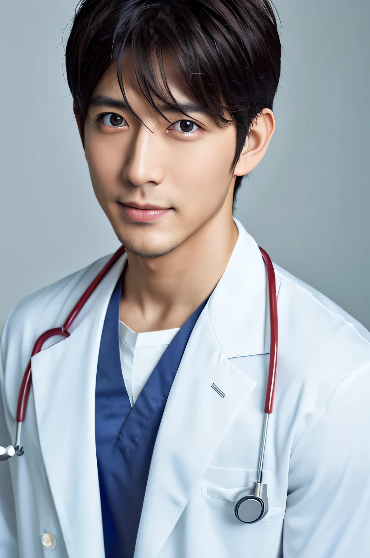 Photorealistic, high resolution, High resolution,Japanese male nurse, Handsome, Idol, White Lab Coat, Upper Body, hospital, ward