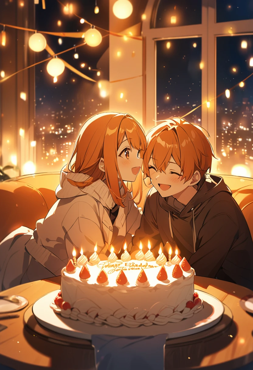 anime girl orange hair couple celebrating bday, warm lighting, night scene, memories