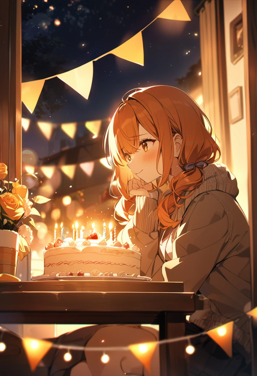 anime girl orange hair couple celebrating bday, warm lighting, night scene, memories