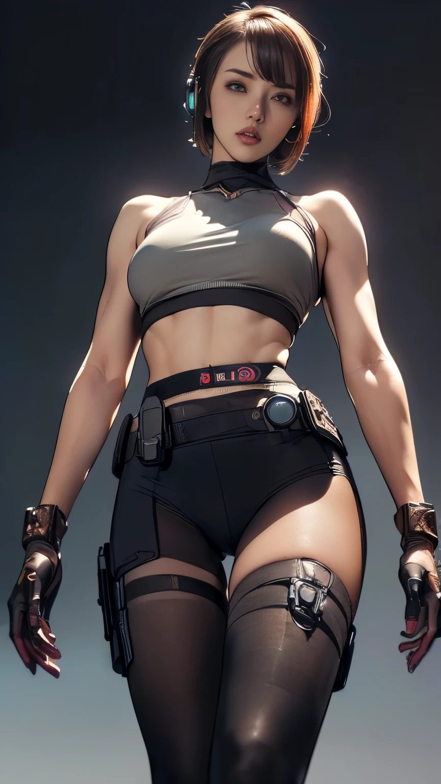 (A woman),(((A female member of the Future Force stands))),((Maroon Tactical High Leg Tights:1.5)),((earphone:1.5)),((Tactical Holster:1.5)),(Gloves:1.5),(Serious:1.5),(Super short hair:1.5),(beautiful eyes:1.3),(Very detailedな顔:1.5),((Very detailed drawing of a female hand:1.5)),(((muscular:1.5))),((Sexy appearance:1.5)),((Thick thighs:1.5)),(Beautiful Body:1.5),((Very sensual:1.5)),(The backdrop is a futuristic city:1.5),(Cyberpunk atmosphere:1.5),(((Blurred background:1.5))),(Written border depth:1.5),rest(((masterpiece:1.5),(best quality:1.5),(Very detailed:1.5),(high resolution:1.5),(Practical:1.5),(Practical:1.5),(Delicate depiction),(carefully drawn))),8K,wallpaper, (((Camel Toe 1.5))),(From below:1.2)