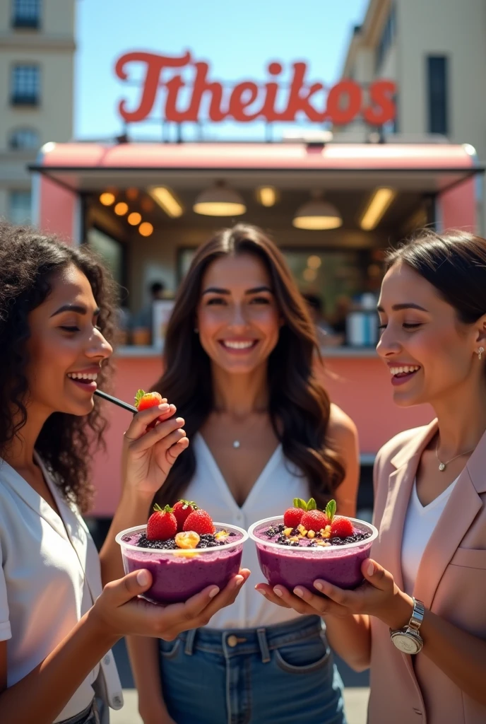 Realistic customers in front of the trailer with the name theikos acai  ,eating acai , ultra HD, high qualiy, best qualityer, high resolution, 8k, 16k perfection in the details
