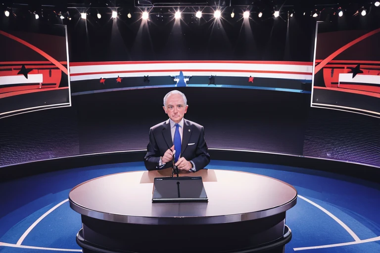 Presidential debate with only the black-haired journalist, 70 year old man similar to william bonner, with camera at eye level