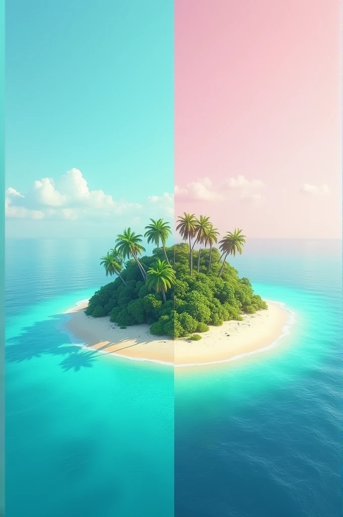 Flag with an island in the center and half turquoise and the other half pastel pink
