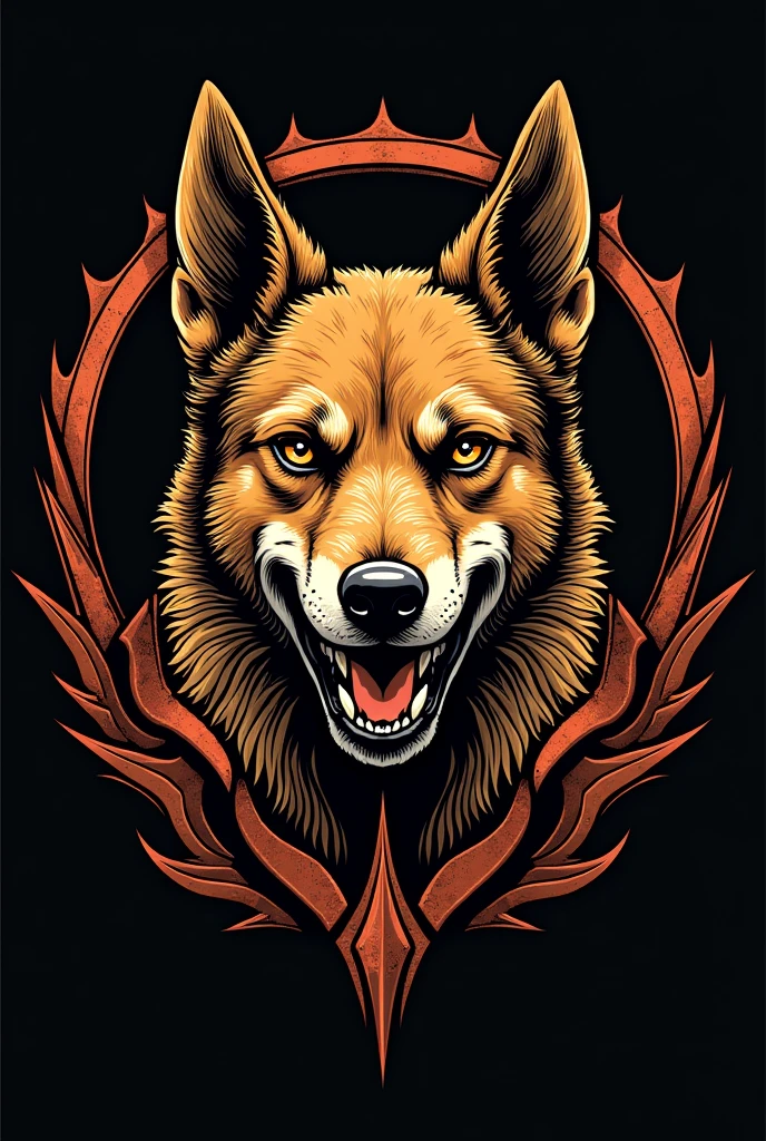 coat of arms for a motorcycle club whose mascot is a caramel-colored mongrel dog with its ears standing up, but only the face in front with an angry look