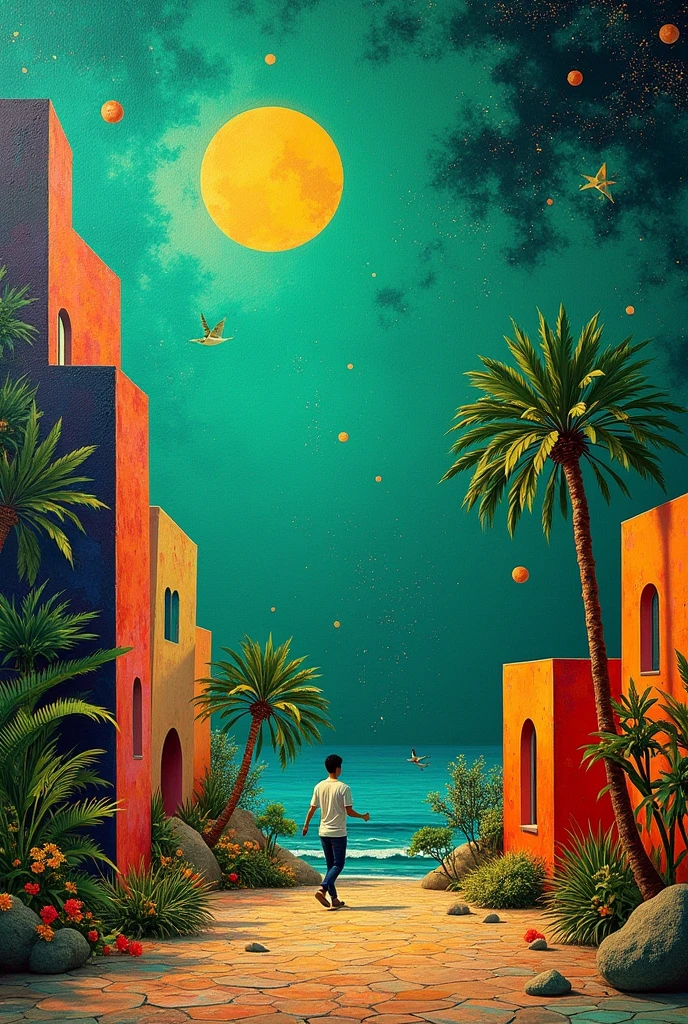 crea una Image abstracta con estilo de pintura en lienzo que englobe la cultura, until, design, untilsanía, Image, artist, obra y público que también refleje la innovación en el until moderno y clásico, Add glitter and star details, Mediterranean type but futuristic without faces and galaxy type uses green tones and looks like clay texture, does not include people. Give a glossy finish to all paint