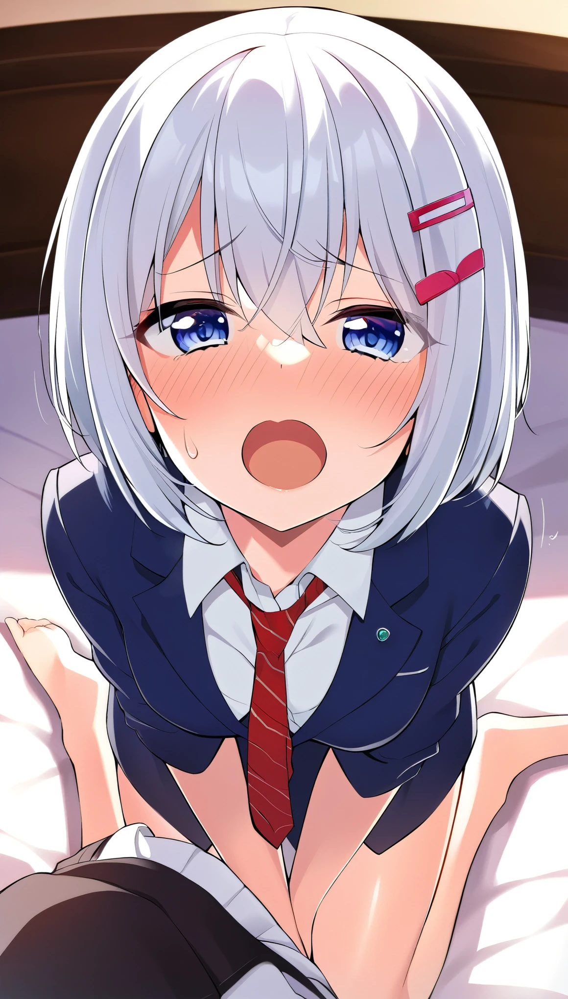 one girl, school blazer, short hair, high school student, hair clip, hair accessory, cool, boyish, silver hair, beautiful girl, open mouth, drool, necktie, light blue eyes, stare at me, aphrodisiac, sexy face, bedroom, naive, be caressed, blush, ecstatic face, upperbody focus, model like style, from above, wariza, small breasts, shy