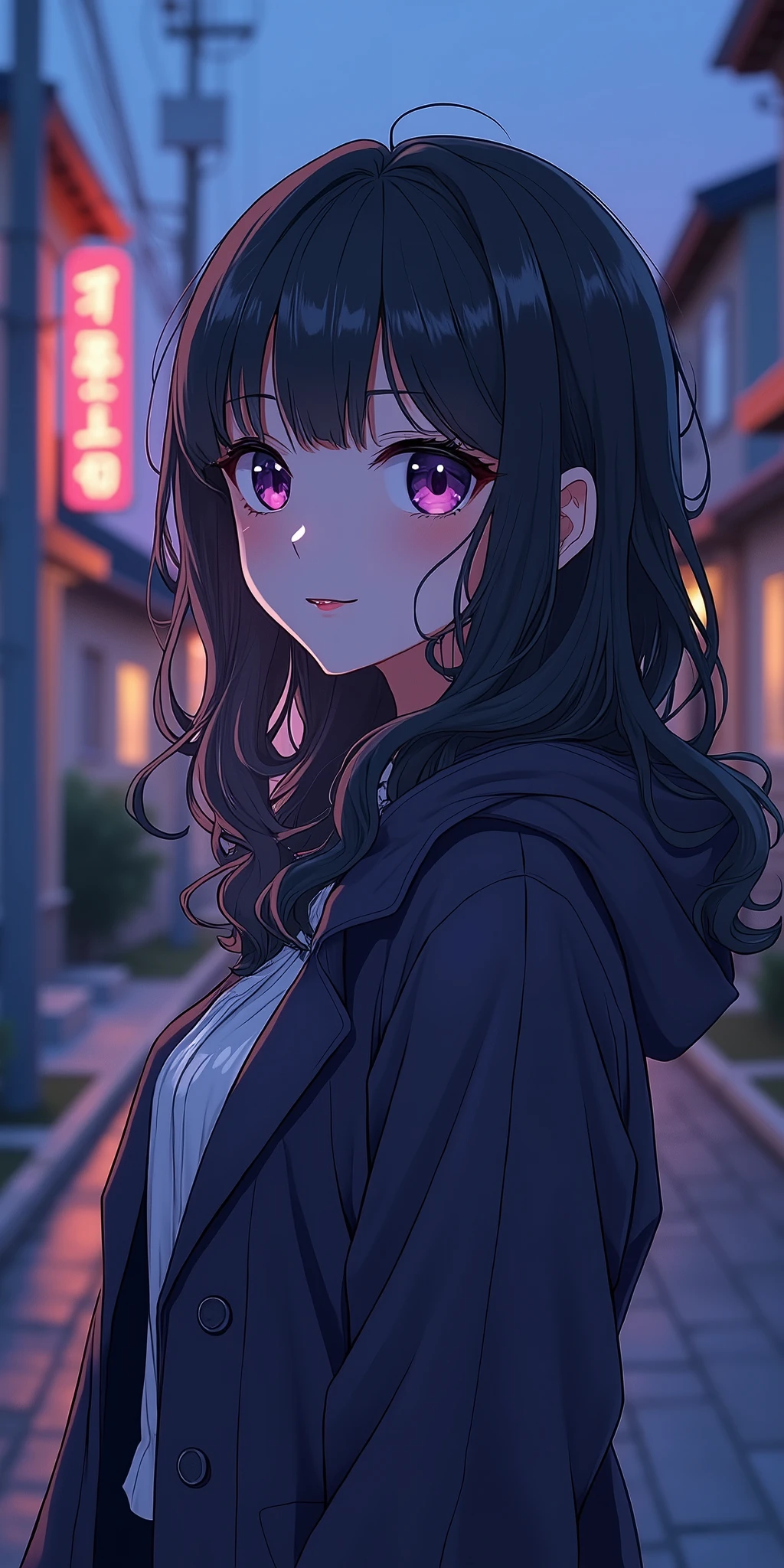 (best quality, ultra-detailed, photorealistic: 1.39), bright and vibrant colors, studio lighting, romantic expression, An effeminate girl, with a delicate and beautiful face. A woman with 1,70 tall, with black wavy hair and white highlights, purple eyes in manga style, fully body , on the street at night, houses and buildings, she is in love, anime style, Anime Hentai