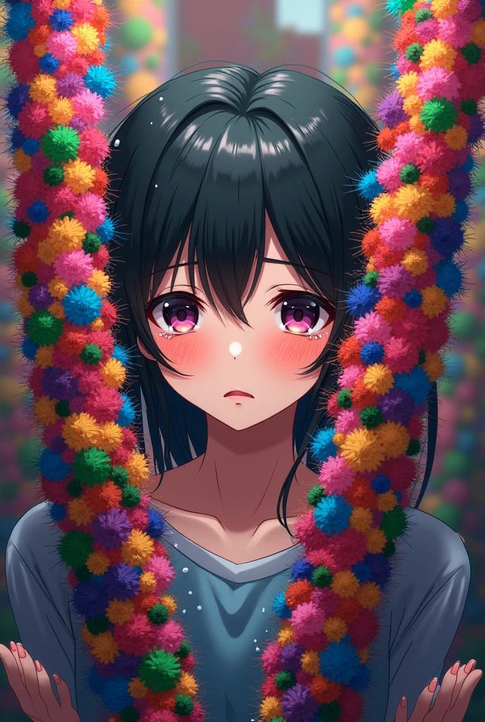 High resolution, Blushing, Crying face、despair、Highest quality, Anatomically correct, Character portrait, Swimwear、anime, Two large, thick, vertical poles densely covered with colorful, tufted brush.、 A large, wide pole above the head that is densely covered with colorful, tufted brush.、Being pinched and crushed、Similar to a thick cup brush、They are lined up without any gaps.、The girl is sandwiched between a thick pole that is densely covered with colorful, tufted hair.、Close tightly、The girl can be seen through the gaps in her colorful, fluffy, thin brushes.、The girl is sandwiched between a thick pole that is densely covered with colorful, tufted hair.、whole body、Angle of view、After the brush、water droplets、Wide angle、Overall image