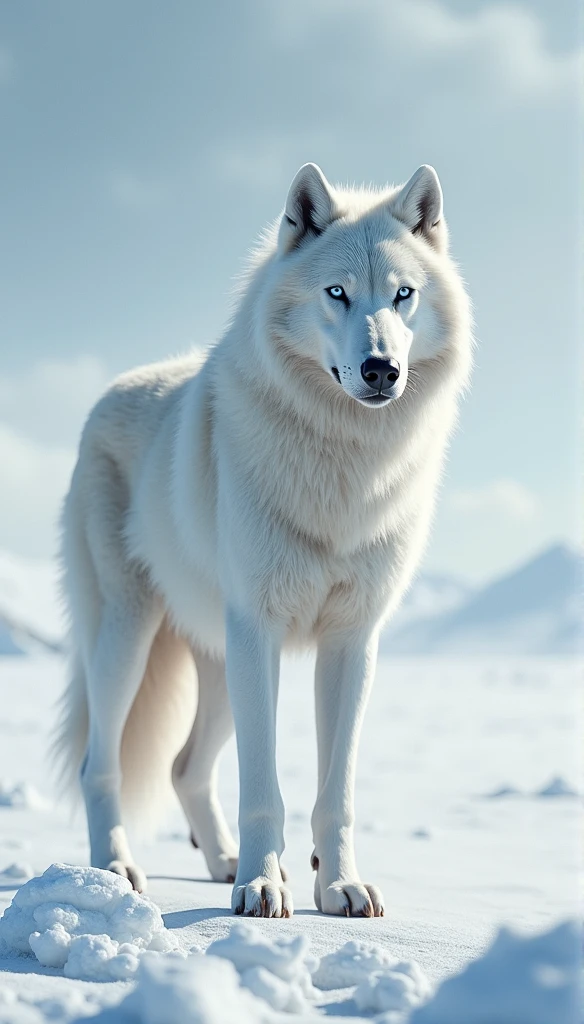 "Majestic white wolf standing in snow-covered landscape, Unleash an aura of beauty and power."