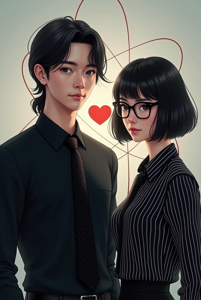 Un garçon avec une chemise noire et une cravate noire avec des petits points blancs cheveux longs et noire et une fille coupe de cheveux au carré plongeant avec des yeux verts et des lunettes, avec une chemise noire à rayures blanches. Puis derrière en fond un atome