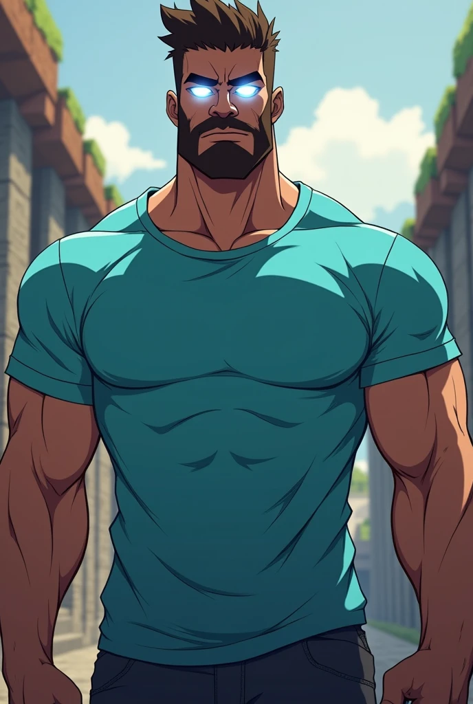Steve from Minecraft with glowing white eyes dadass , your muscular body , with a light blue anime style shirt, with a shallow beard , and a square body