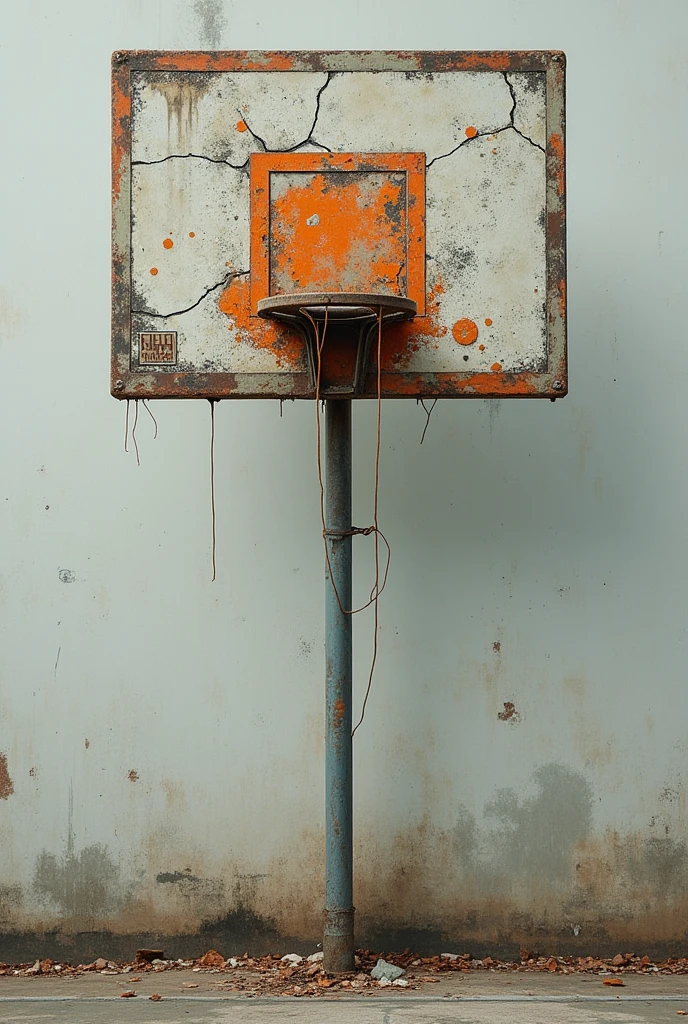 basketball board seen from the front with some cracks and some art made in its space
