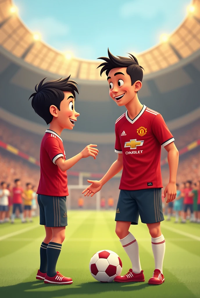 A boy who is Ronaldo fan. He loves playing football. He meet Ronaldo one day. Ronaldo with Manchester United logo shirt. The boy name Yi Xian. Cartoon.