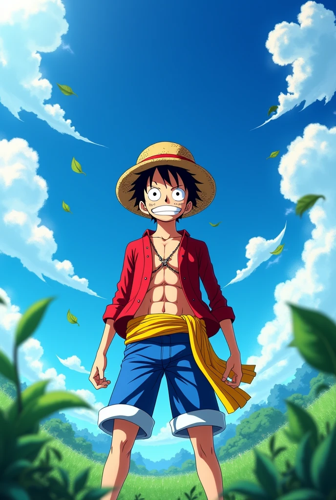 anime styling, Monkey D. Luffy One Piece, hot weather, vivid colors, magnificent blue sky, leaves carried by the wind, cinematic shading, CG anime