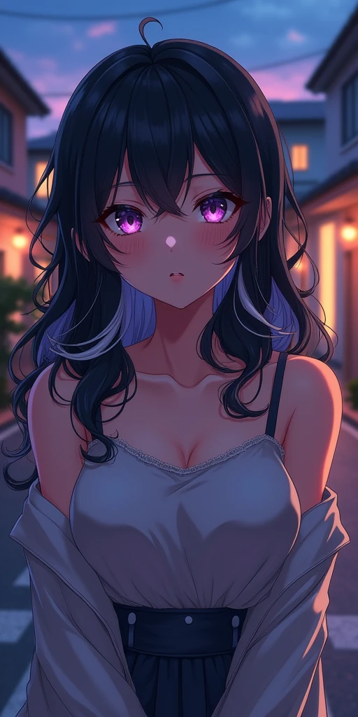(best quality, ultra-detailed, photorealistic: 1.39), bright and vibrant colors, studio lighting, romantic expression, An effeminate girl, with a delicate and beautiful face. A woman with 1,70 tall, with black wavy hair and white highlights, purple eyes in manga style, fully body , on the street at night, houses and buildings, she is in love, anime style, Anime ??????