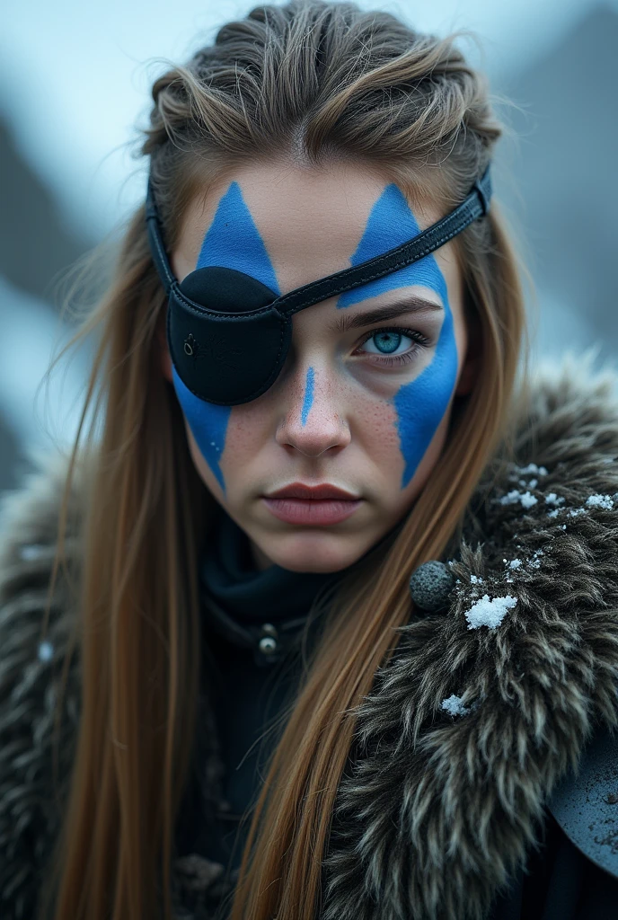 An imposing looking Viking woman, with very light, straight brown hair that falls to her shoulders. His intense blue eyes contrast with the bright blue markings that spread across his face., creating a mystical and powerful air. She wears a black eye patch, which adds a touch of mystery to his serious and determined expression. The skin is light, and your posture conveys strength and courage, as if ready for battle. The scenery in the background is cold and dark., with a landscape reminiscent of Nordic lands.






