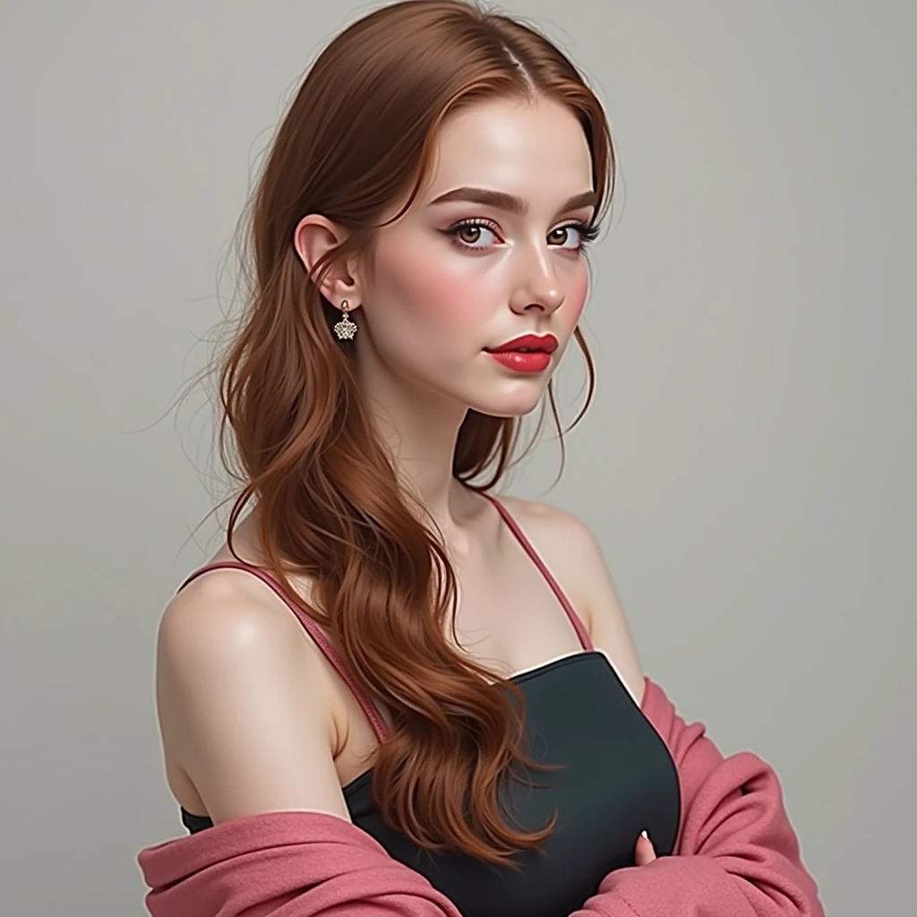 a woman with red hair, hyper-realistic skin, shiny/glossy, modern jewelry, gongbi, portraiture, dark teal and light gold, tropical landscapes, Face portrait photo oF a 21 Year-old German woman, .raw, beautiFul woman, half strawberry lips, strawberry lipstick, Fossettes, big breast, realistic legs, high heels, nostalgic look, detailed light brown eyes, great student, thin eyelashes, (Brown extra long blond hair), ((detailed Face)), ((detailed Facial Features and skin texture)), (Finely detailed skin), light brown skin, (Deep neckline detailing high-tech cyberpunk dress), Cyberpunk big city environment, (cold colors), moist, moist, reFlections, (masterpiece) (height ratio / perfect width) (photo realist) (best quality) (detailed) Shot with Canon EOS R5, ObjectiF 50mm, F/2.8, human development report, (8k) (wallpaper) (light) (Dramatic Light) (sharp focus) (complicated), sharp details, skin detail sharpness,