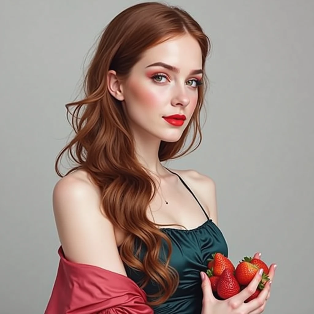 a woman with red hair, hyper-realistic skin, shiny/glossy, modern jewelry, gongbi, portraiture, dark teal and light gold, tropical landscapes, Face portrait photo oF a 21 Year-old German woman, .raw, beautiFul woman, half strawberry lips, strawberry lipstick, Fossettes, big breast, realistic legs, high heels, nostalgic look, detailed light brown eyes, great student, thin eyelashes, (Brown extra long blond hair), ((detailed Face)), ((detailed Facial Features and skin texture)), (Finely detailed skin), light brown skin, (Deep neckline detailing high-tech cyberpunk dress), Cyberpunk big city environment, (cold colors), moist, moist, reFlections, (masterpiece) (height ratio / perfect width) (photo realist) (best quality) (detailed) Shot with Canon EOS R5, ObjectiF 50mm, F/2.8, human development report, (8k) (wallpaper) (light) (Dramatic Light) (sharp focus) (complicated), sharp details, skin detail sharpness, 