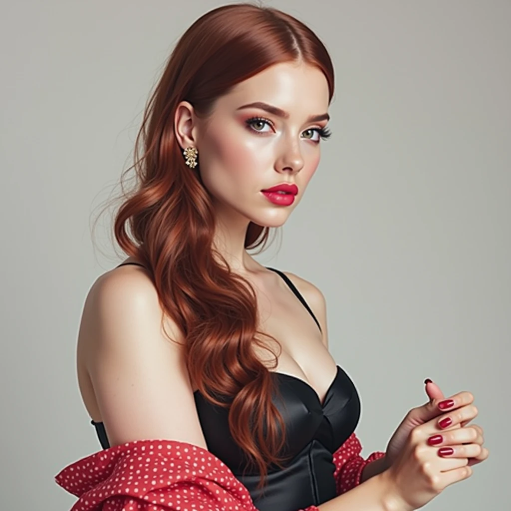 a woman with red hair, hyper-realistic skin, shiny/glossy, modern jewelry, gongbi, portraiture, dark teal and light gold, tropical landscapes, Face portrait photo oF a 21 Year-old German woman, .raw, beautiFul woman, half strawberry lips, strawberry lipstick, Fossettes, big breast, realistic legs, high heels, nostalgic look, detailed light brown eyes, great student, thin eyelashes, (Brown extra long blond hair), ((detailed Face)), ((detailed Facial Features and skin texture)), (Finely detailed skin), light brown skin, (Deep neckline detailing high-tech cyberpunk dress), Cyberpunk big city environment, (cold colors), moist, moist, reFlections, (masterpiece) (height ratio / perfect width) (photo realist) (best quality) (detailed) Shot with Canon EOS R5, ObjectiF 50mm, F/2.8, human development report, (8k) (wallpaper) (light) (Dramatic Light) (sharp focus) (complicated), sharp details, skin detail sharpness,