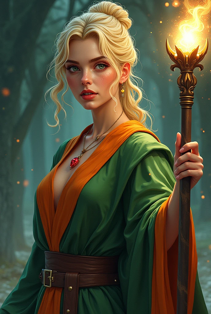 A 30-year-old English witch in the style photographie, with sandy blonde hair curled in a bun, pale skin with freckles, mature gray-green eyes, wearing a green and orange tunic with a red diamond pendant, holding a magic staff with a dazzling aura of light, cel shading, large black outlines, and an atmosphere charged with energy and particles of light.