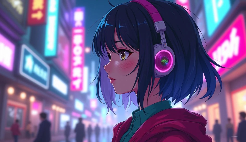 anime風の女性キャラクターのカラフルなプロフィール写真. anime「My Favorite Child」has characteristics that are clearly different from. The setting is a futuristic city lit up by neon lights. The environment is stimulating and adventurous. The camera settings are、A digital camera with a low ISO setting. This lens is a medium aperture zoom lens.. キャラクターデザインは日本のイラストレーターとanimeーターにインスピレーションを受けた, Akiko Sterrenberger,(( Headphones))