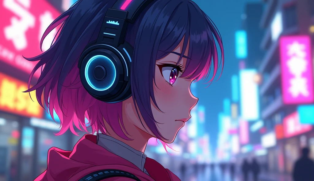 anime風の女性キャラクターのカラフルなプロフィール写真. anime「My Favorite Child」has characteristics that are clearly different from. The setting is a futuristic city lit up by neon lights. The environment is stimulating and adventurous. The camera settings are、A digital camera with a low ISO setting. This lens is a medium aperture zoom lens.. キャラクターデザインは日本のイラストレーターとanimeーターにインスピレーションを受けた, Akiko Sterrenberger,(( Headphones))