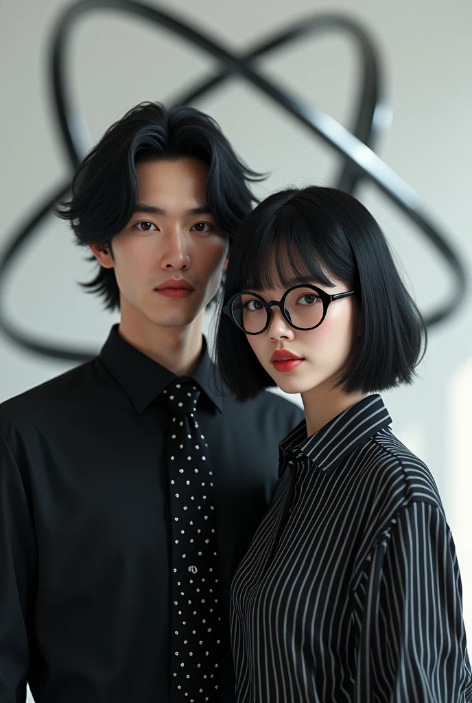 Un garçon avec une chemise noire et une cravate noire avec des petits points blancs cheveux longs et noire et une fille coupe de cheveux au carré plongeant avec des yeux verts et des lunettes, avec une chemise noire à rayures blanches. Puis derrière en fond un atome