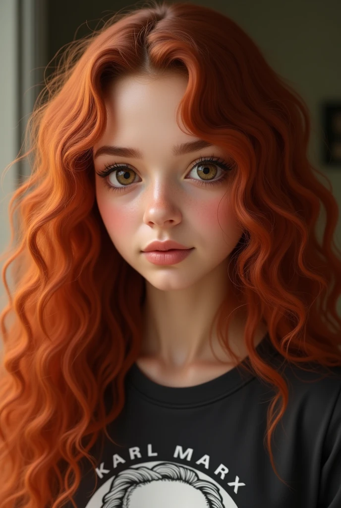 A Brazilian woman with her hair dyed a natural copper red, very long and very curly, not voluminous, rosto angelical, chubby and oval face, very beautiful, eyes browns, small mouth, slightly large cheeks, round eyes, big eyelashes, small and cute nose, wears well-defined eyeliner and a Karl Marx t-shirt