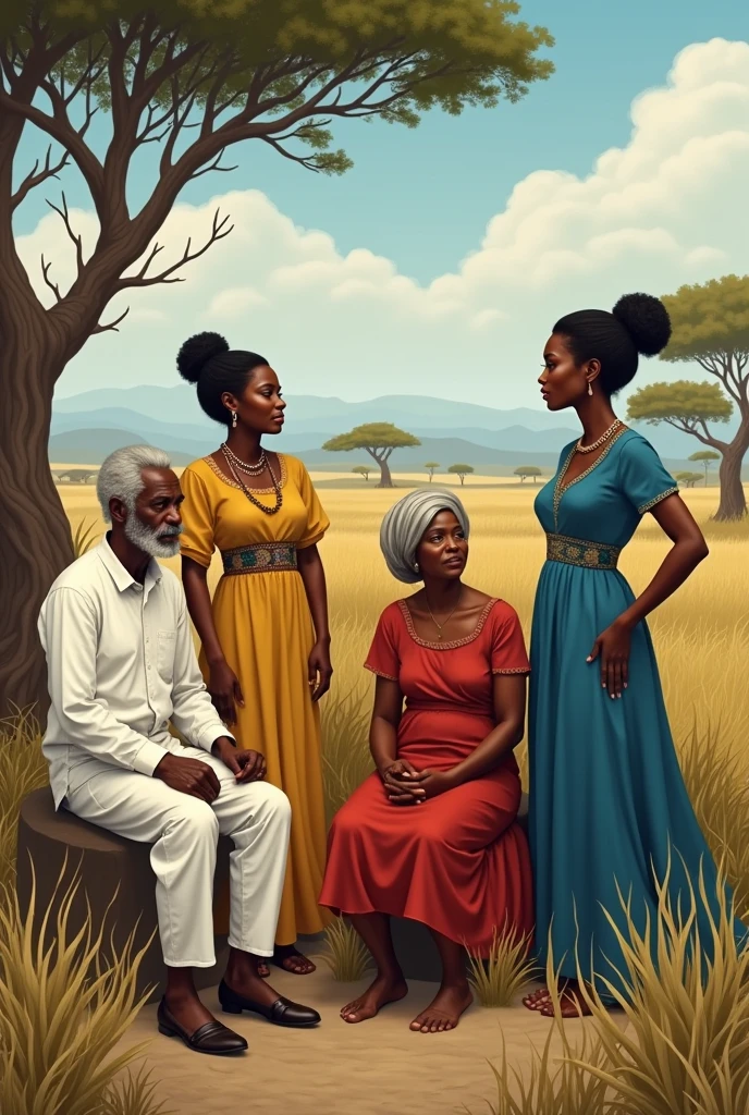 An old black man sitting dressed in white, a very old black woman sitting dressed in dark yellow, a black woman dressed in red and a young black woman dressed in blue in a savannah