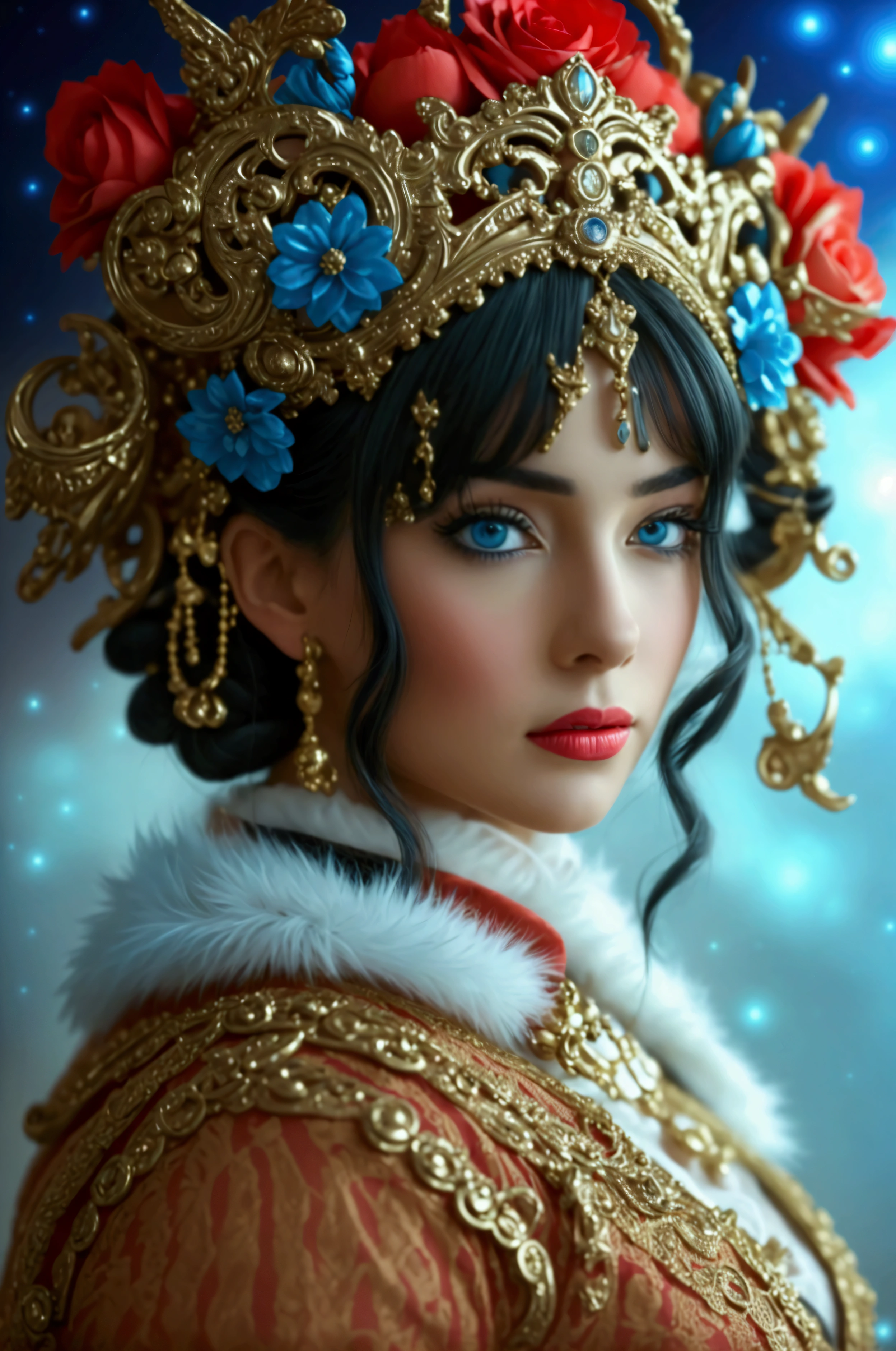 un hermoso retrato De emperatriz, by rubio, perfect blue eyes, with a brilliant, Imposible y llamativo tocaDo naviDeño granDe., ropa batas De santa, toDo naviDaD, snow, symmetrical, iluminación Dramática Del estuDio, rococo, Baroque, verDuras, Asian, hyperrealism, De cerca, D&D, fancy, IntrincaDo, elegant, muy DetallaDo, pintura Digital, estación De arte, renDerizaDo De octanaje, 8k, Conceptual art, death, enfoque nítiDo