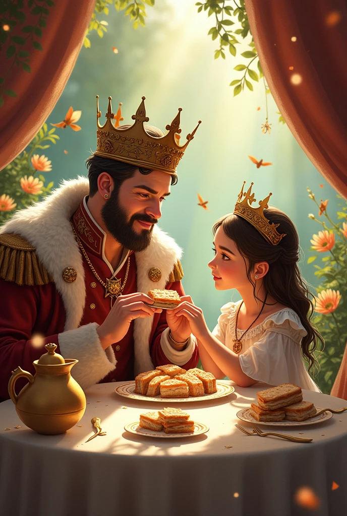Create a charming and magical illustration depicting a fairy tale style snack scene, with the following details:Environment and background:Elegant table: Design a refined and delicate table, with an elegant tablecloth and fantastic decorations. The table must have a magical atmosphere, with details like flowers, stars, or a starry sky background.scenery: Choose a setting that evokes an enchanted garden or a fairy-tale atmosphere, with soft, warm lighting that highlights the scene.Characters:The Dad: Representa a mi dad como un príncipe. Dress him up in a princely outfit, Combining traditional elements with camouflage details to symbolize his experience as a veteran. Place a mate gourd on the table in front of him.They: I will appear on the scene like a princess. Wear an elegant dress that complements the fairy tale theme. Estaré compartiendo la merienda con mi dad.Details on the Table:Mate Gourd: Instead of a teapot, Place a mate gourd decorated with gold or silver details to give it a sophisticated touch. Accompany with an elegant straw.sandwiches: Includes typical elements of a snack, like cupcakes or snacks, with a touch of fantasy.Decorative details:camouflage: Subtly incorporates the camouflage pattern into the prince's crown and other decorative elements, like the tablecloth or table decorations.Optional Text:Meaningful Phrase: Añade una frase en un estilo de tipografía elegante que capture la esencia de la escena“Entre stars y mate, Always together, dad.”