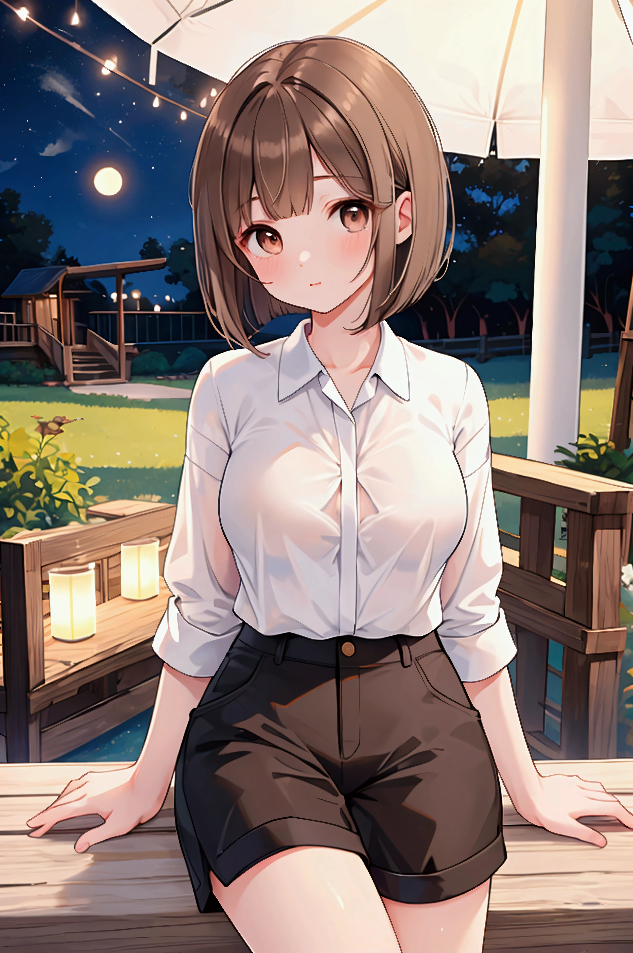 Photorealistic、Highest quality、Highest Resolution、Highest quality、16K、1 beautiful adult woman、Cute face、Delicate face、Bob cut hair、Ash brown hair color、Brown eyes、Delicate eyes、Beautiful Eyes、Beautiful breasts、Big Breasts、White shirt、Black shorts、Night Park、