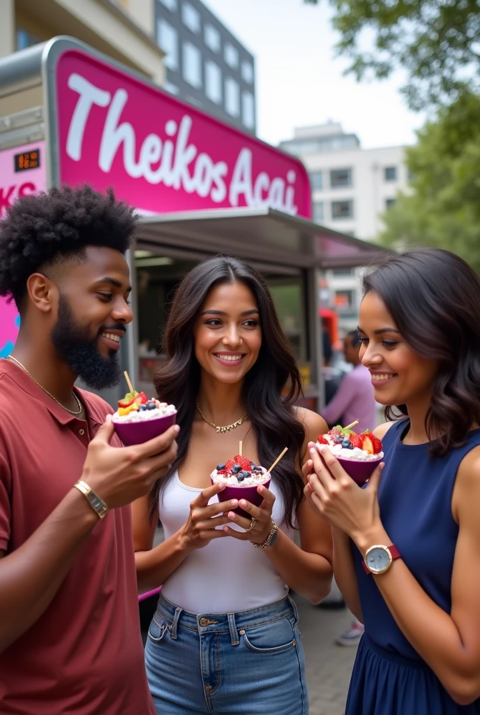 Realistic customers in front of the trailer with the name theikos acai ,eating acai , ultra HD, high qualiy, best qualityer, high resolution, 8k, 16k perfection in the details