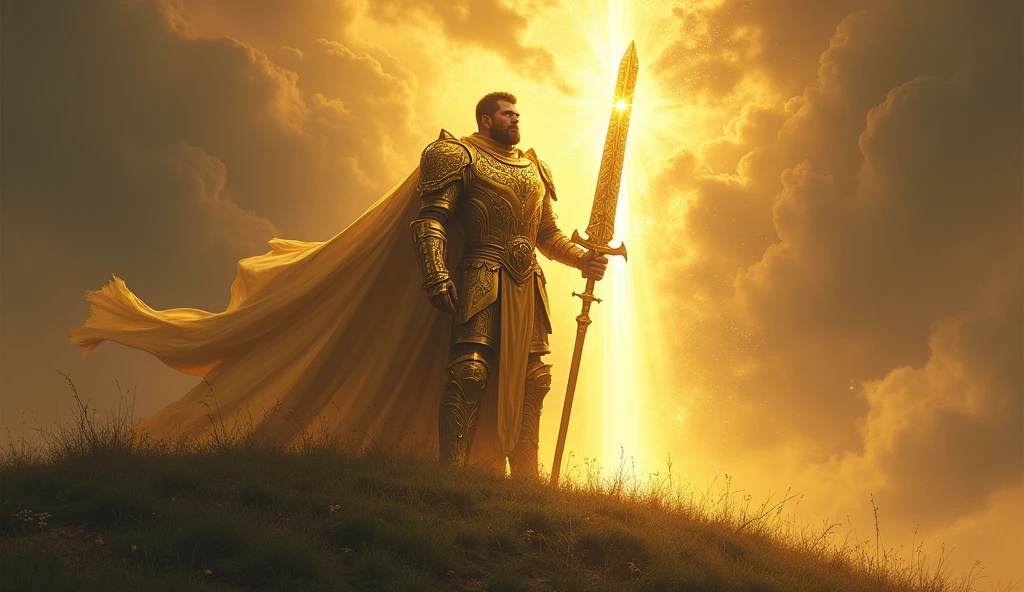 A soldier in golden armor, wielding a sword of light, stands on a hill. Behind him, the sky is dark, but there is an intense divine light illuminating it.